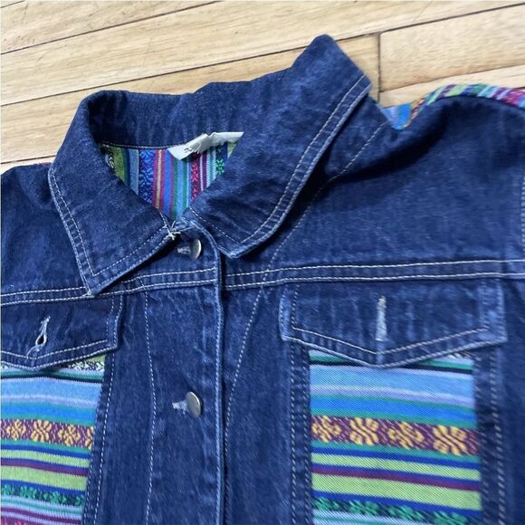 TANTRUMS Jean Jacket Women M Rainbow Boho Floral Tribal Aztec Western Blue Denim - Picture 3 of 16